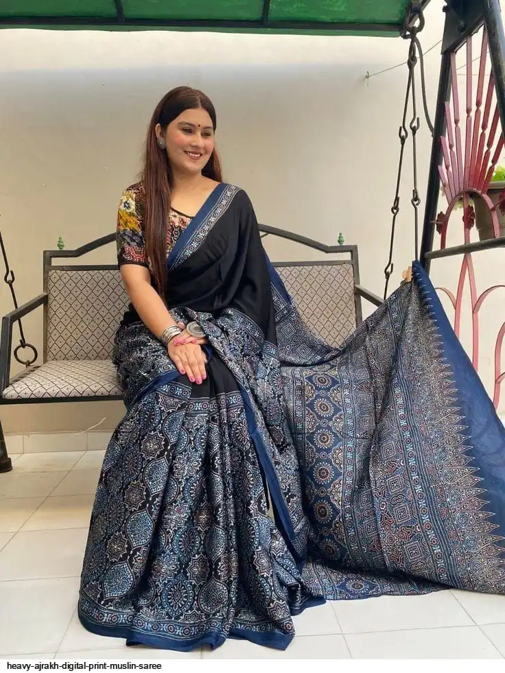 HEAVY AJRAKH DIGITAL PRINT MUSLIN SAREE 12