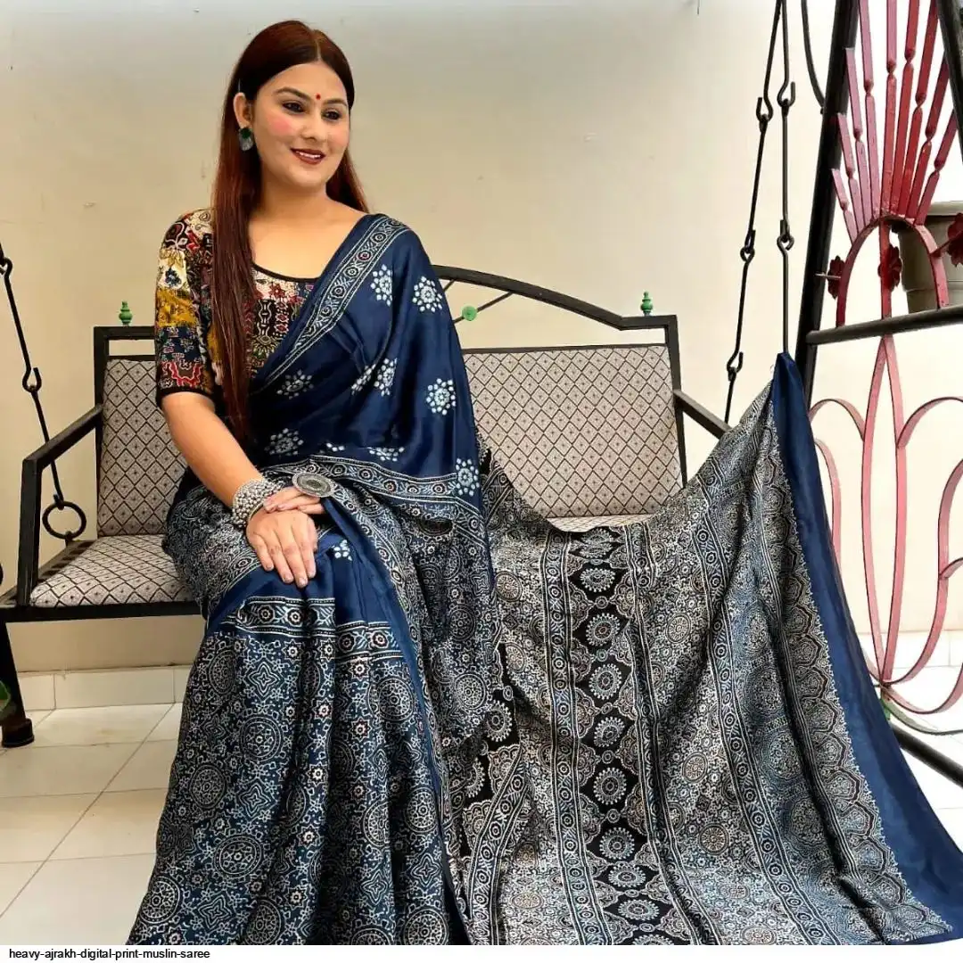 HEAVY AJRAKH DIGITAL PRINT MUSLIN SAREE 6