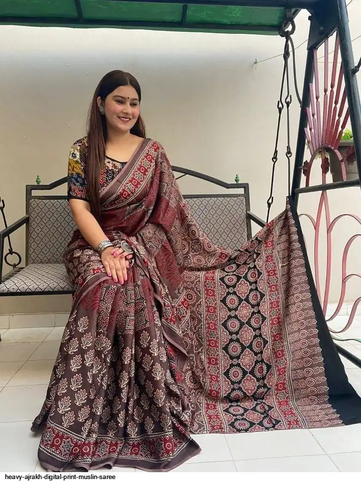 HEAVY AJRAKH DIGITAL PRINT MUSLIN SAREE 10