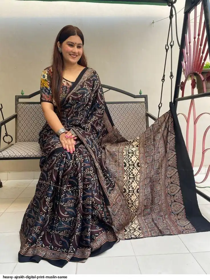 HEAVY AJRAKH DIGITAL PRINT MUSLIN SAREE 9