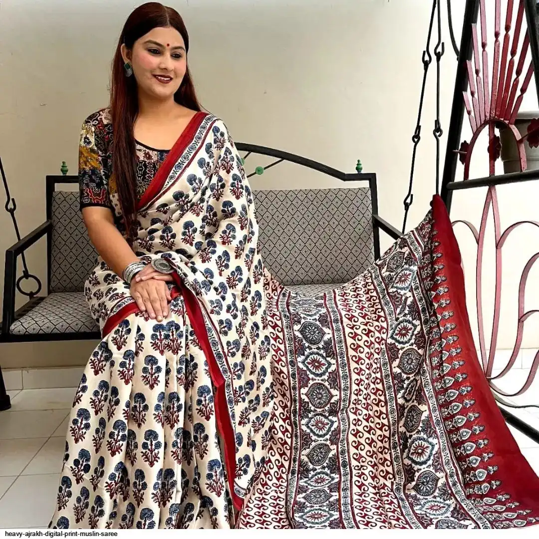 HEAVY AJRAKH DIGITAL PRINT MUSLIN SAREE 5