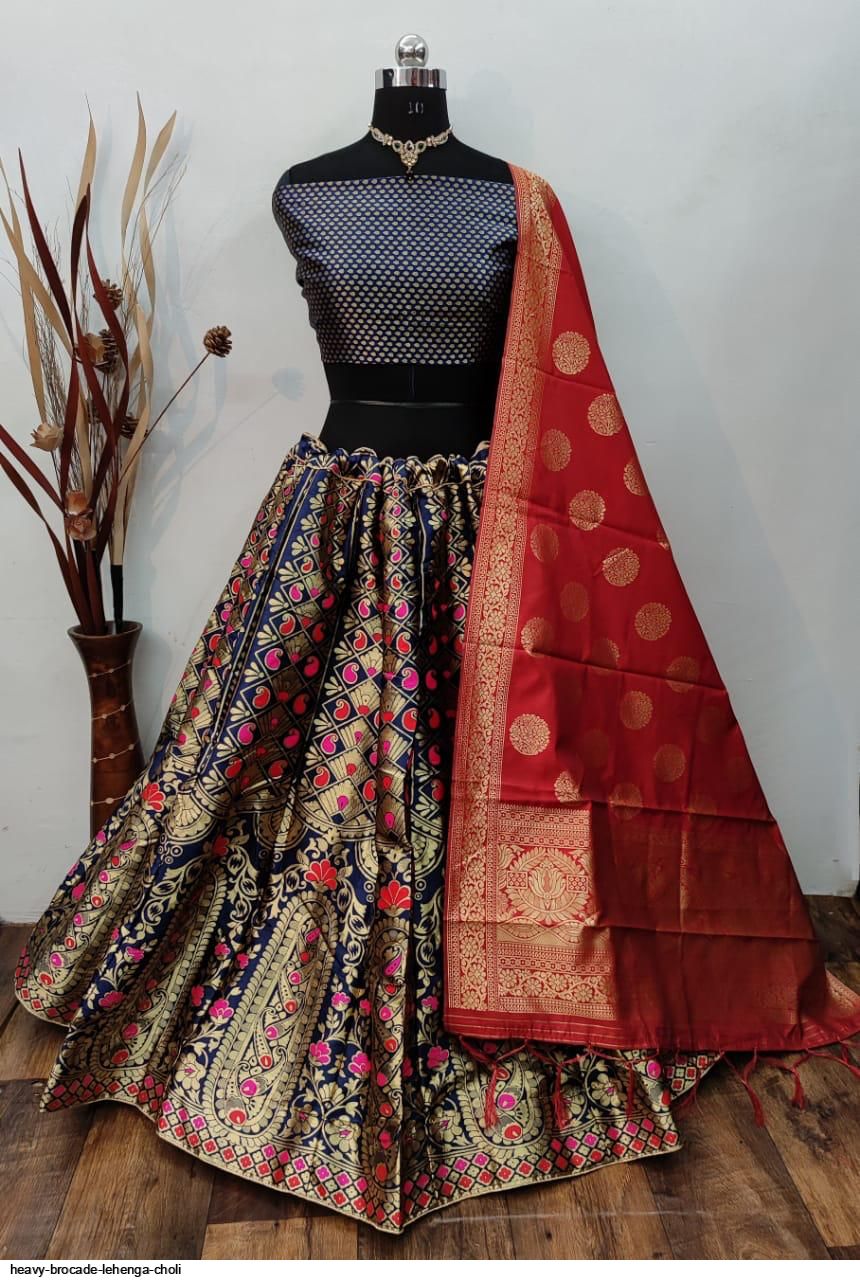 Shop Online Blue and Silver Embroidered Brocade Lehenga with Dupatta – Pure  Elegance