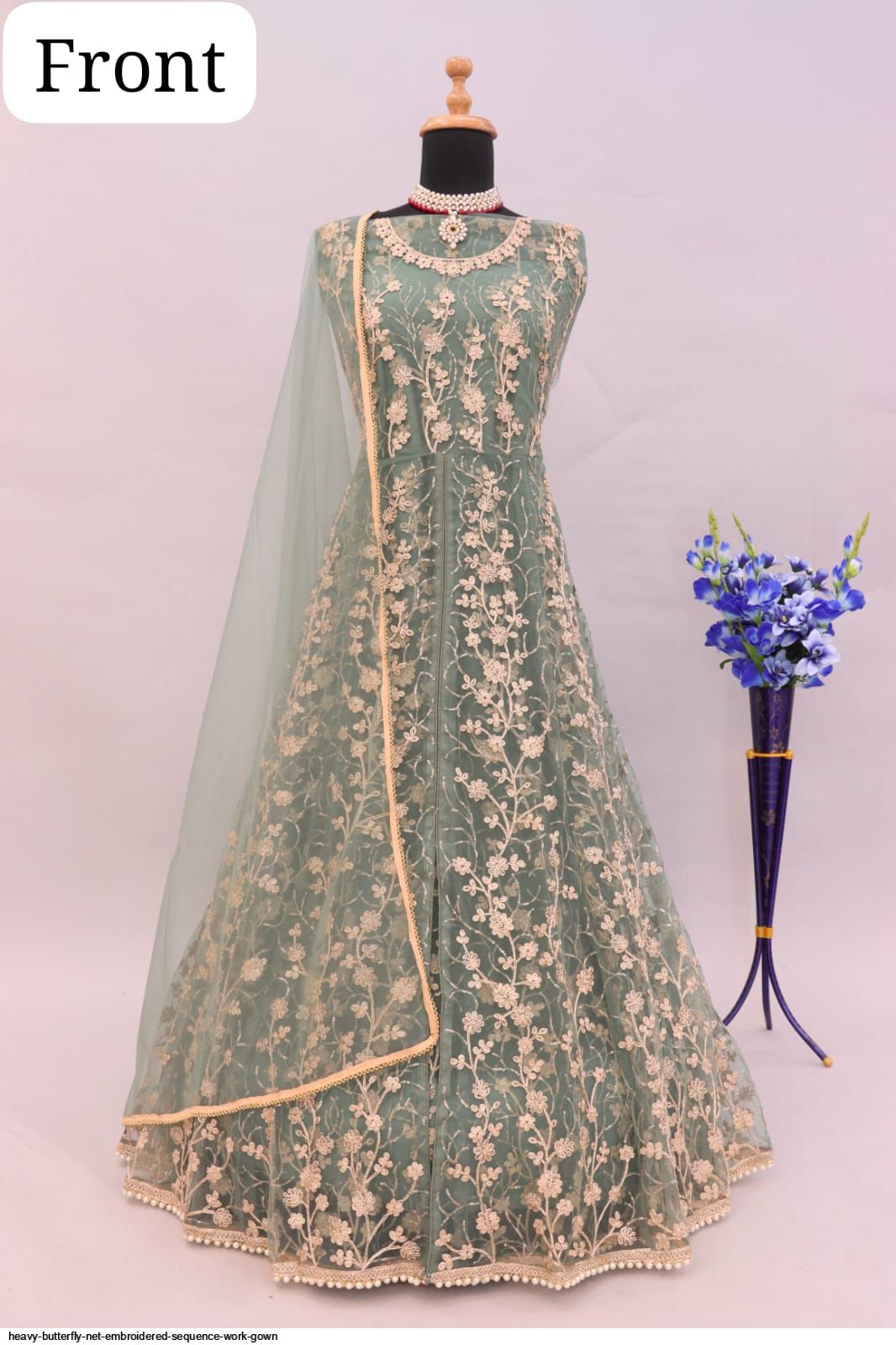 Pista Heavy Butterfly Net Palazzo Suit With Embroidery Sequence Work