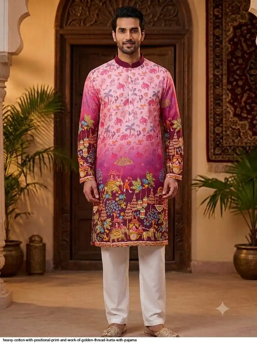 HEAVY COTTON WITH POSITIONAL PRINT AND WORK OF GOLDEN THREAD KURTA WITH PAJAMA A