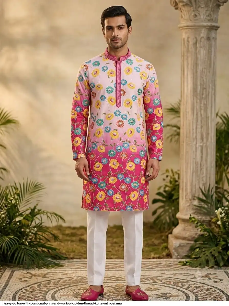 HEAVY COTTON WITH POSITIONAL PRINT AND WORK OF GOLDEN THREAD KURTA WITH PAJAMA B