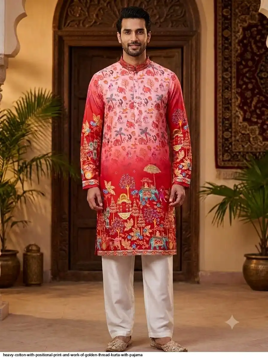HEAVY COTTON WITH POSITIONAL PRINT AND WORK OF GOLDEN THREAD KURTA WITH PAJAMA C