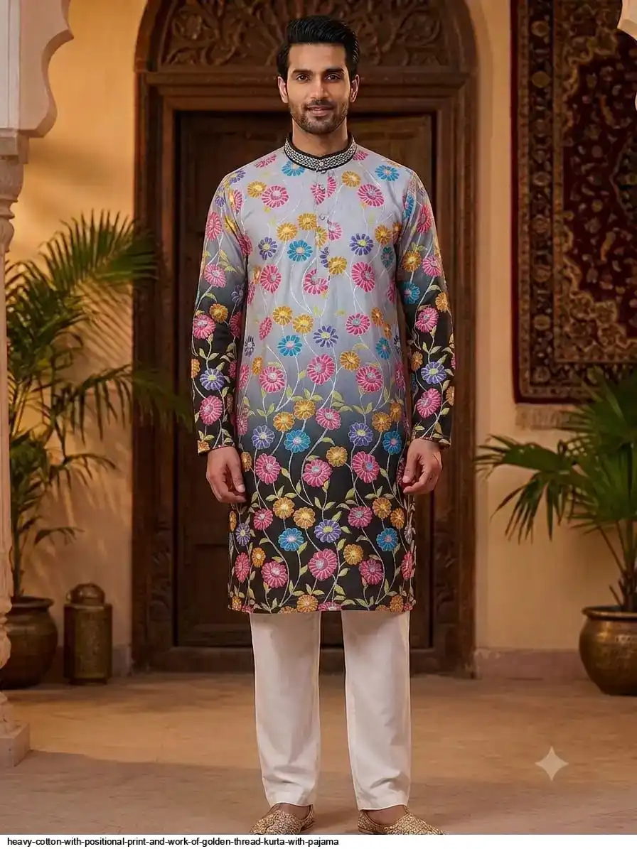 HEAVY COTTON WITH POSITIONAL PRINT AND WORK OF GOLDEN THREAD KURTA WITH PAJAMA D