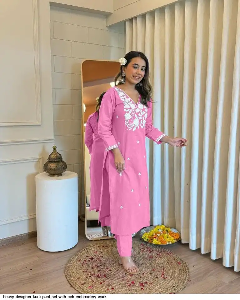 HEAVY DESIGNER KURTI PANT SET WITH RICH EMBROIDERY WORK 2