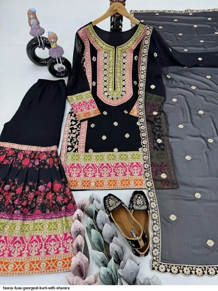 HEAVY FUAX GEORGEET KURTI WITH SHARARA 1
