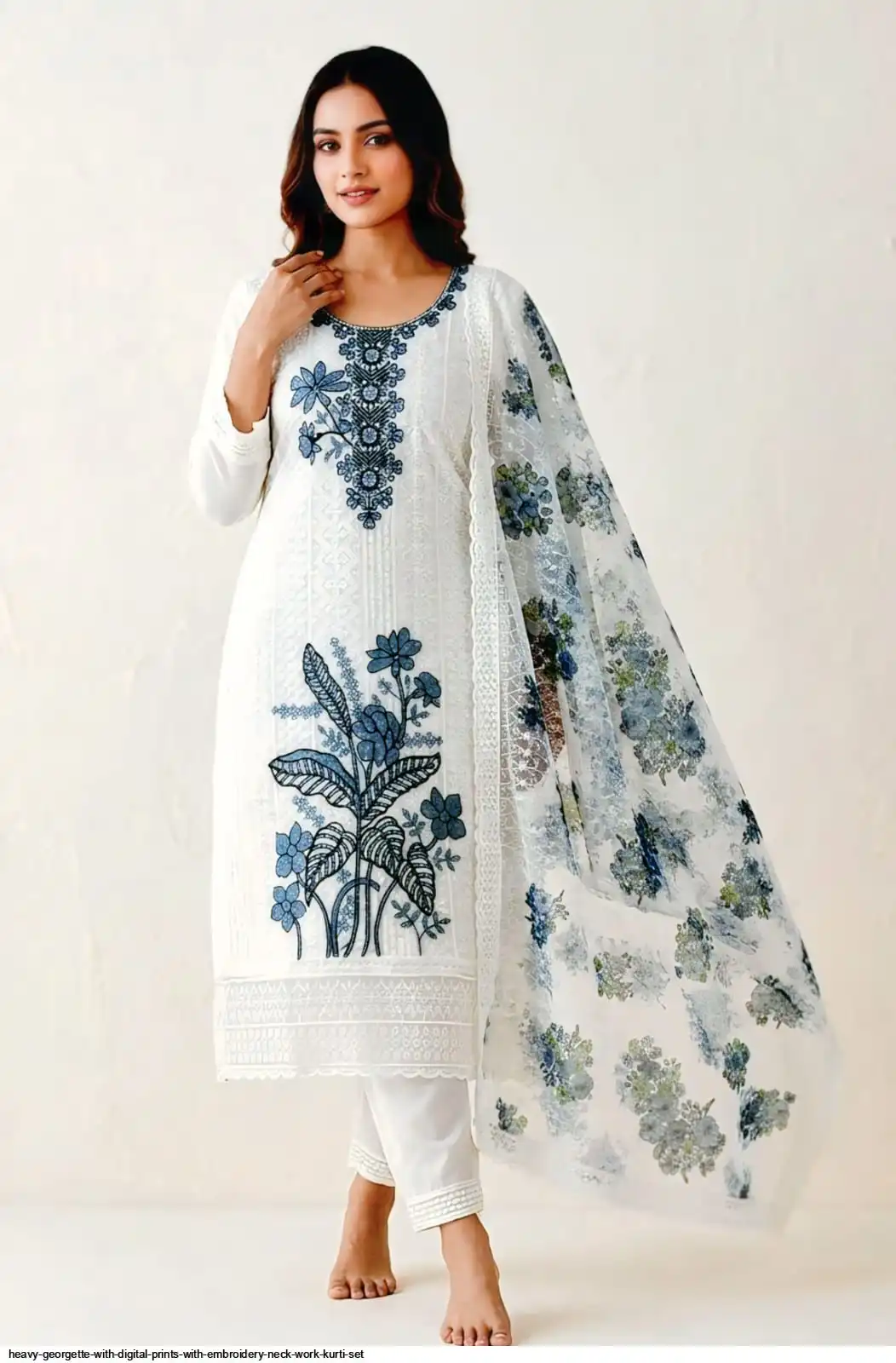 HEAVY GEORGETTE WITH DIGITAL PRINTS WITH EMBROIDERY NECK WORK KURTI SET DN 1908 A