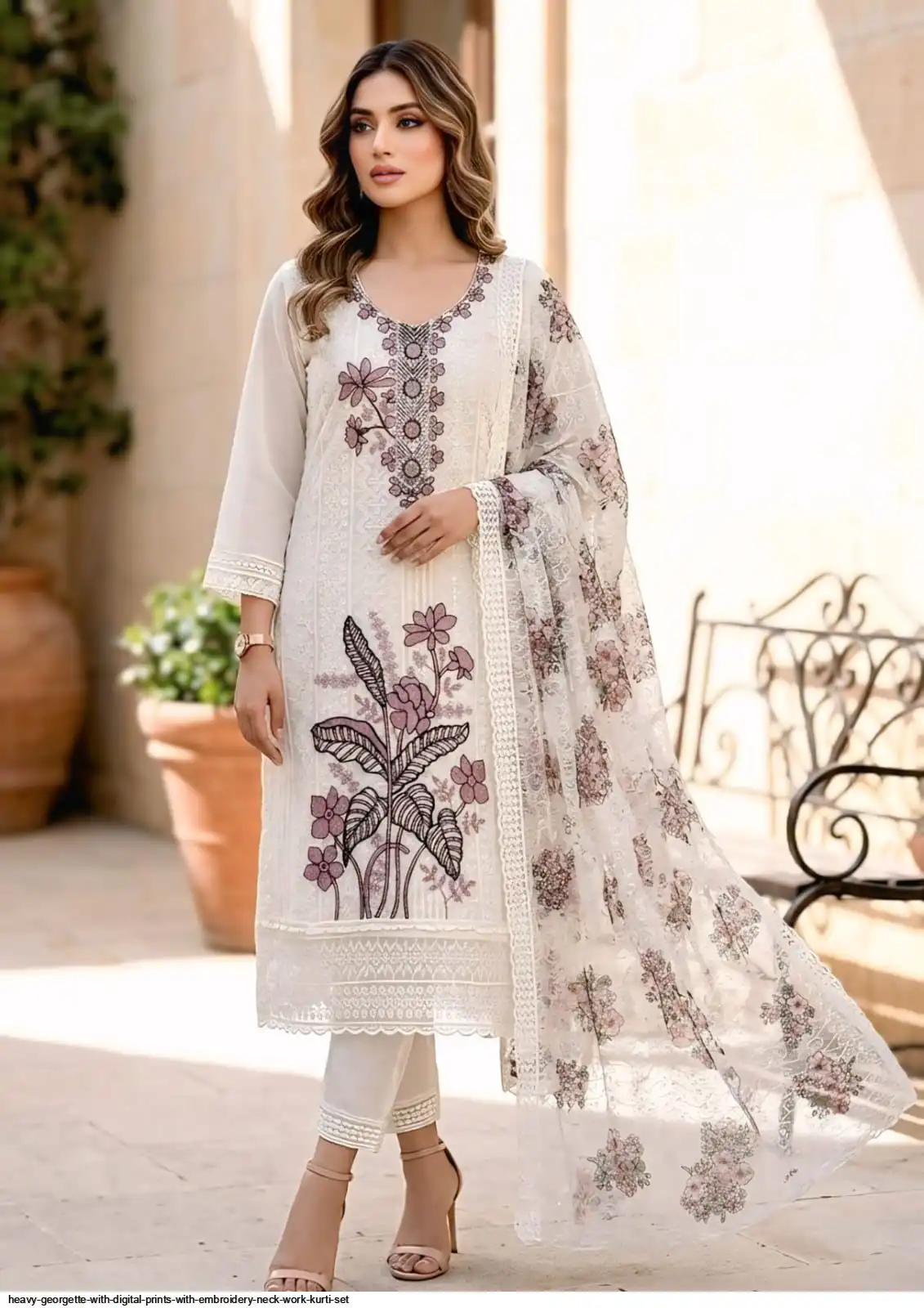 HEAVY GEORGETTE WITH DIGITAL PRINTS WITH EMBROIDERY NECK WORK KURTI SET DN 1908 D