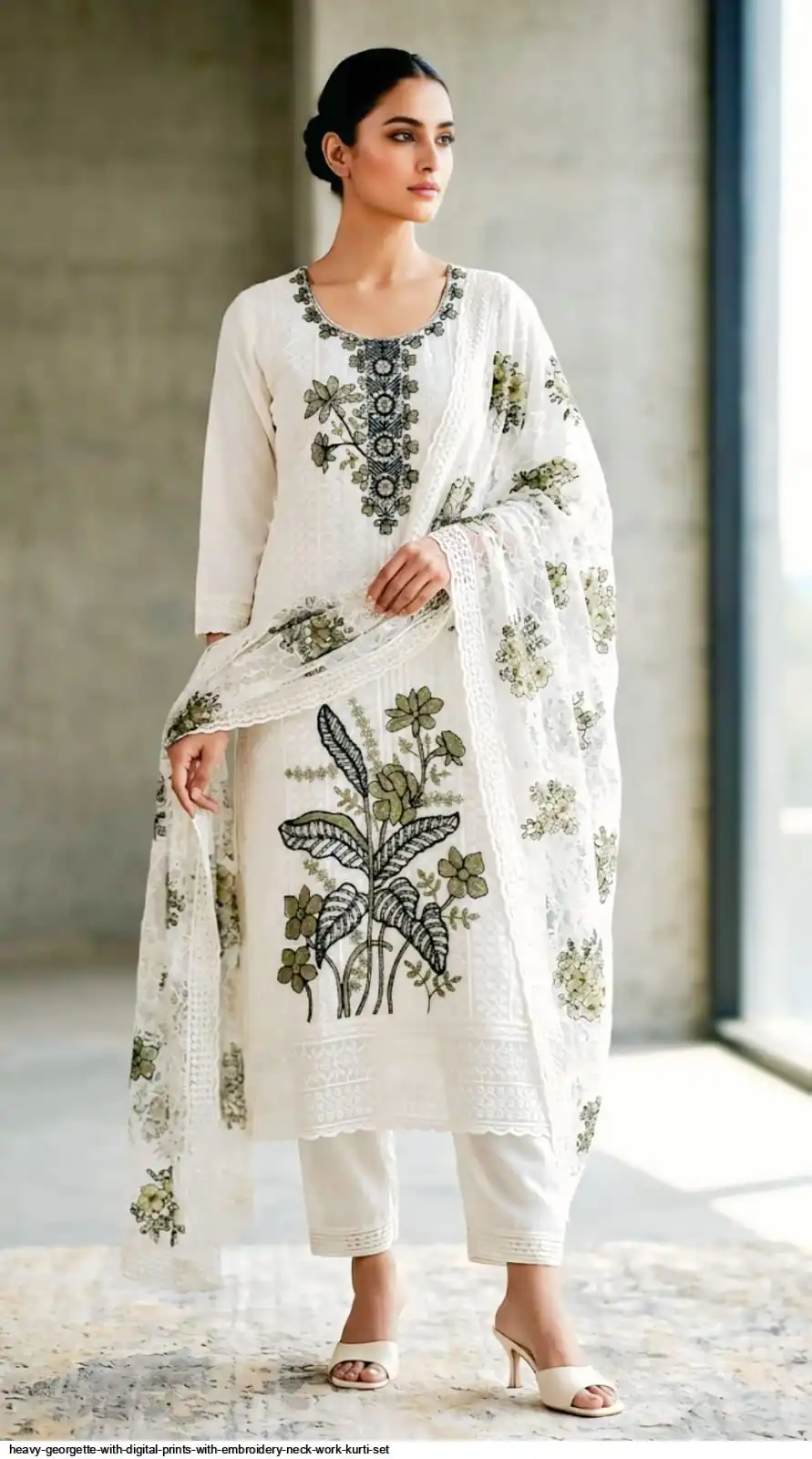 HEAVY GEORGETTE WITH DIGITAL PRINTS WITH EMBROIDERY NECK WORK KURTI SET DN 1908 C