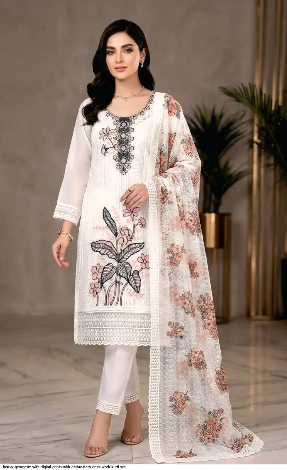 HEAVY GEORGETTE WITH DIGITAL PRINTS WITH EMBROIDERY NECK WORK KURTI SET DN 1908 B