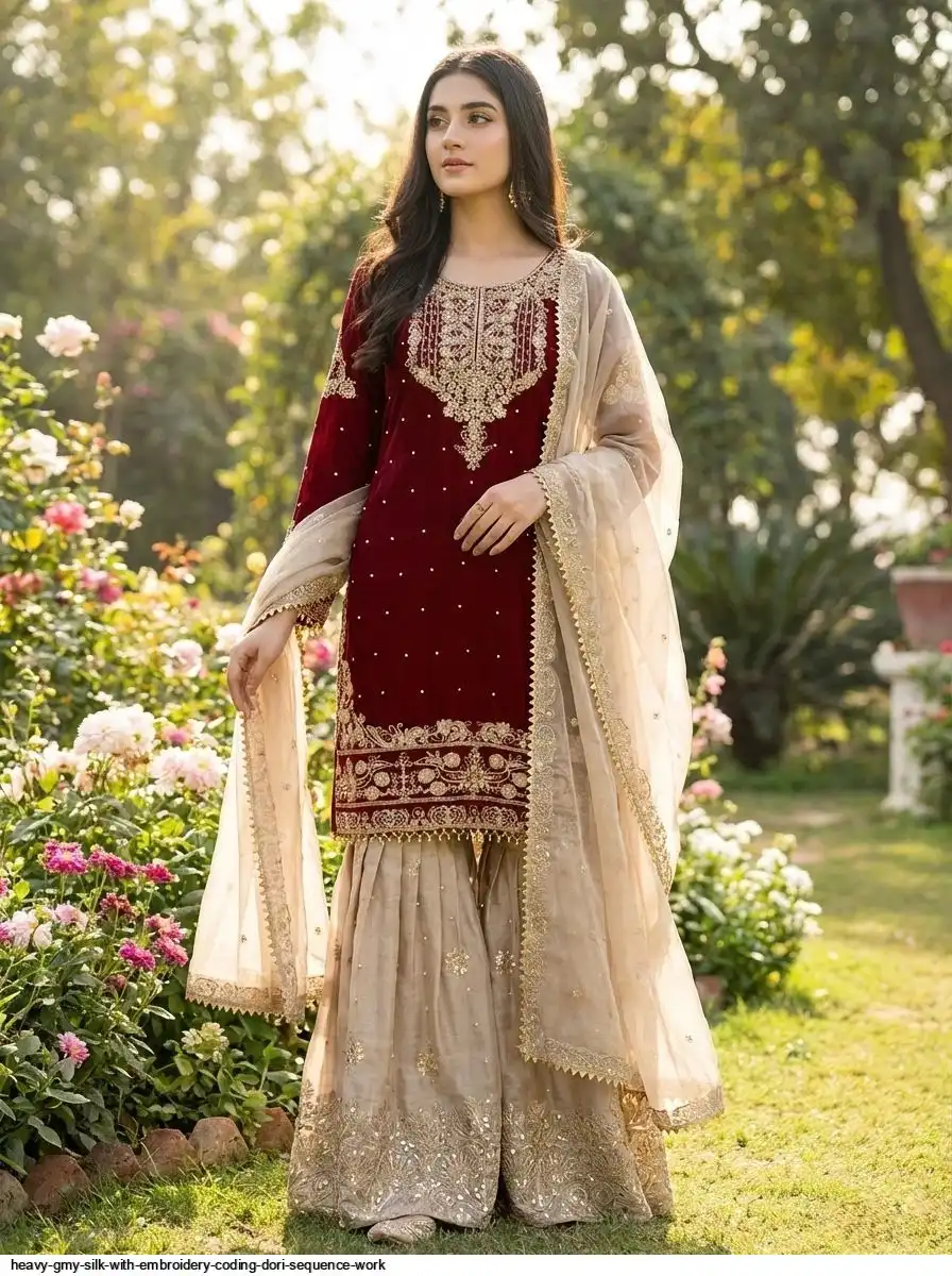 HEAVY GMY SILK WITH EMBROIDERY CODING DORI SEQUENCE WORK 1