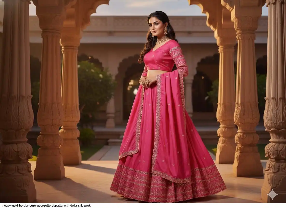 HEAVY GOLD BORDER PURE GEORGETTE DUPATTA WITH DOLLA SILK WORK 4