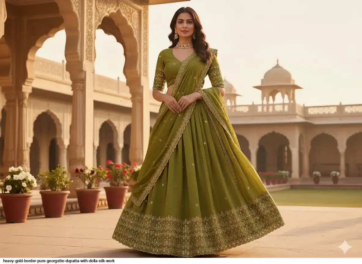 HEAVY GOLD BORDER PURE GEORGETTE DUPATTA WITH DOLLA SILK WORK 2