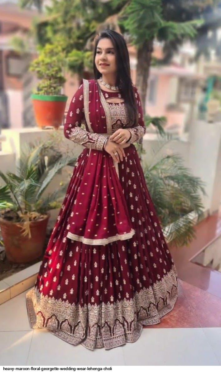 HEAVY MAROON FLORAL GEORGETTE WEDDING WEAR LEHENGA CHOLI