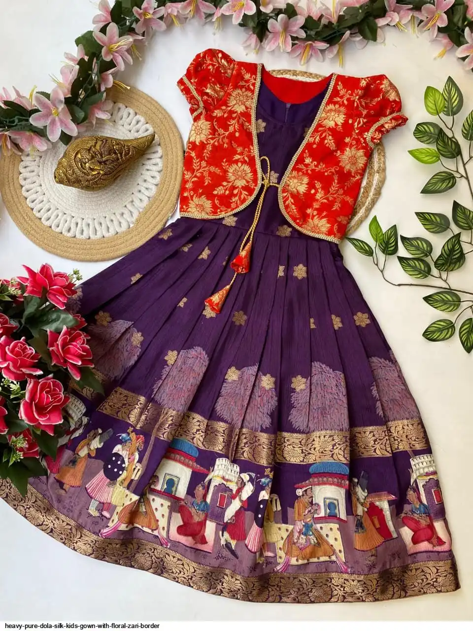 HEAVY PURE DOLA SILK KIDS GOWN WITH FLORAL ZARI BORDER B