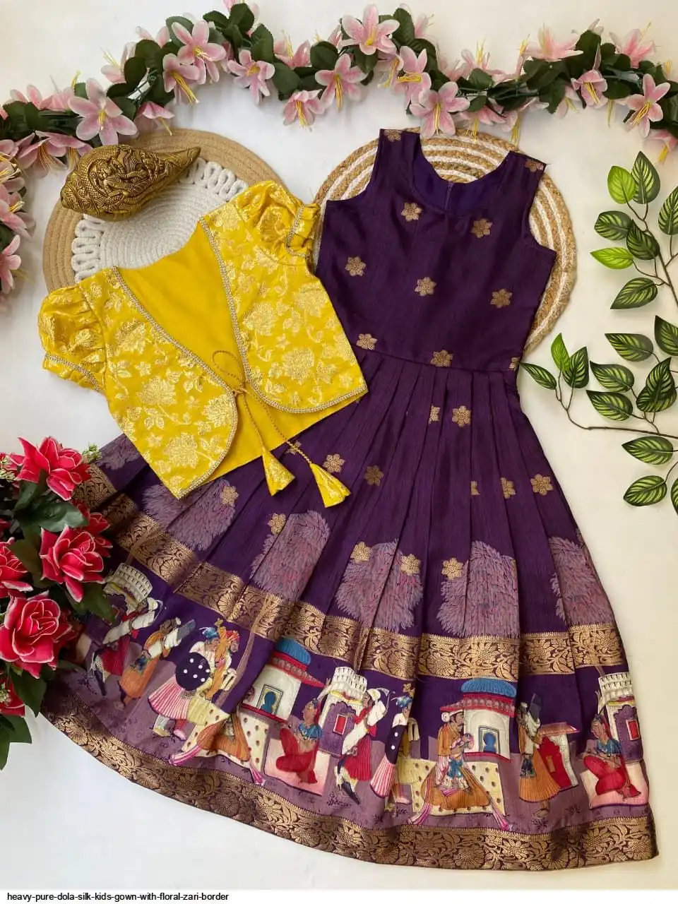 HEAVY PURE DOLA SILK KIDS GOWN WITH FLORAL ZARI BORDER H