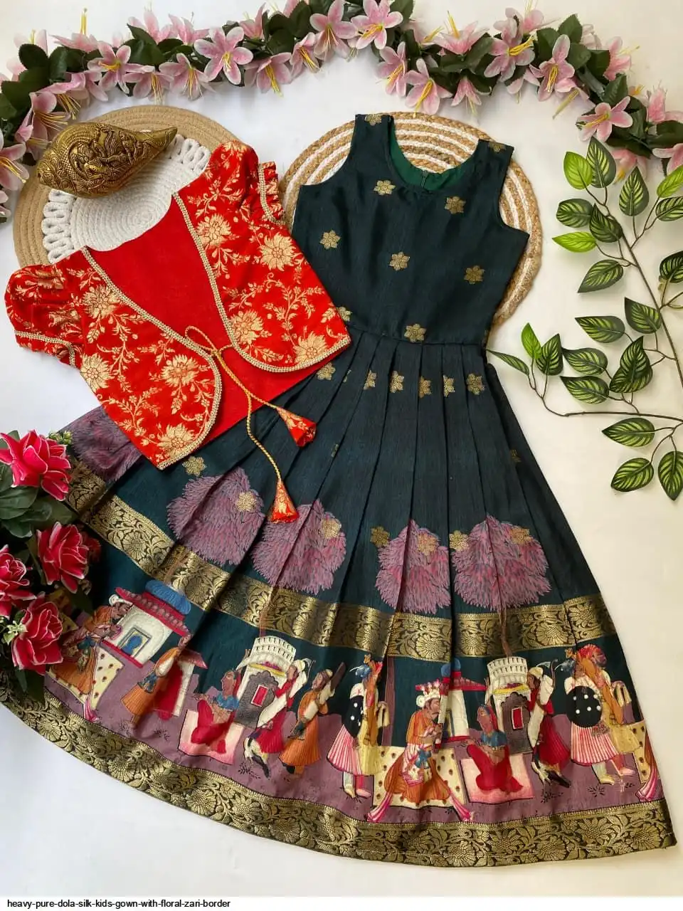 HEAVY PURE DOLA SILK KIDS GOWN WITH FLORAL ZARI BORDER I