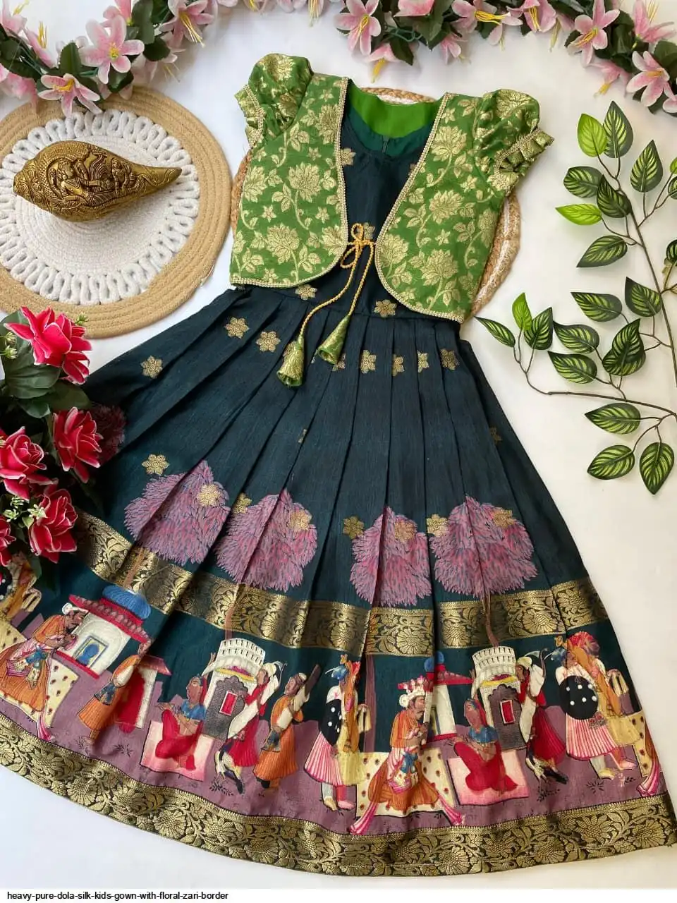 HEAVY PURE DOLA SILK KIDS GOWN WITH FLORAL ZARI BORDER F