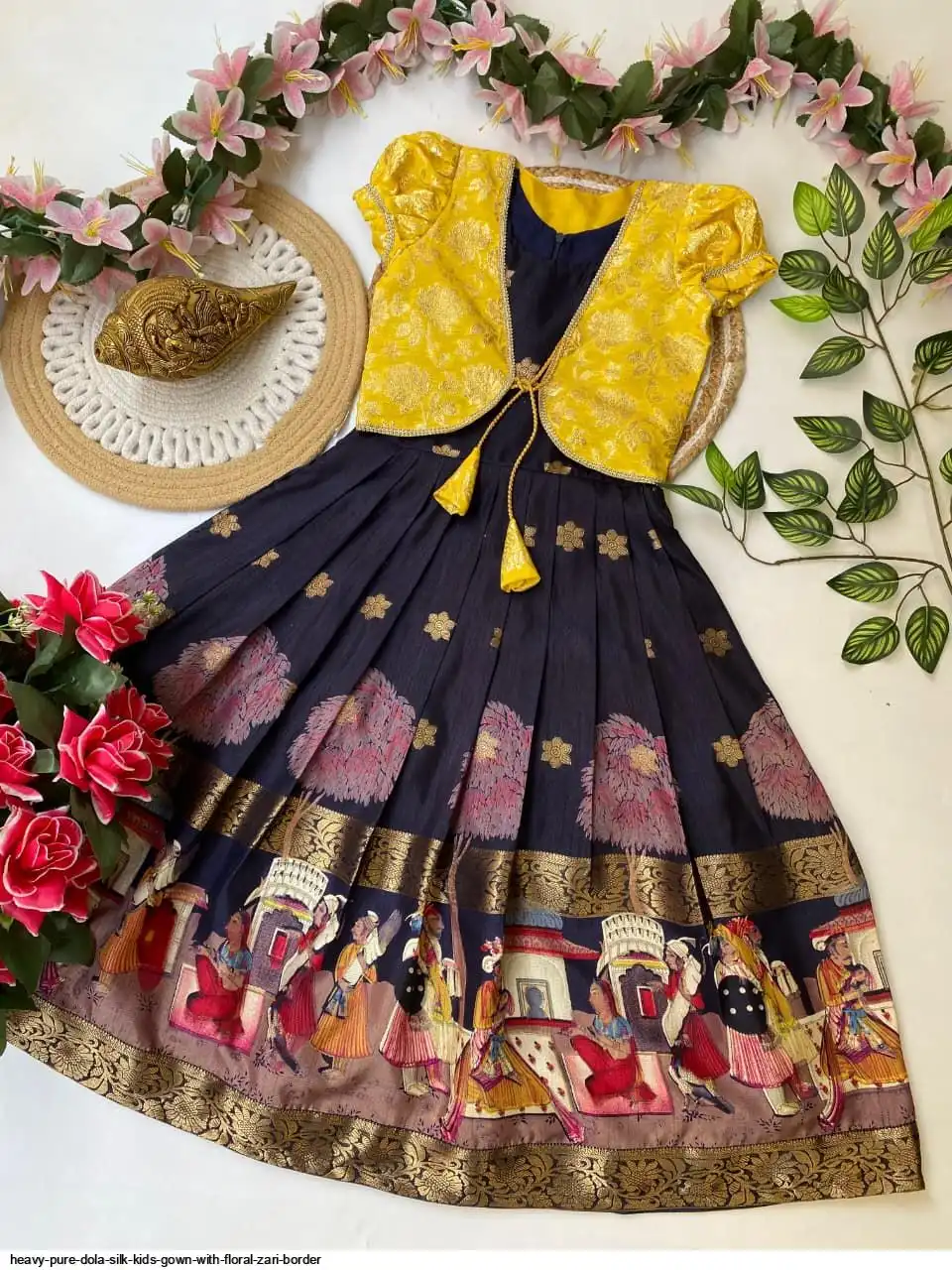 HEAVY PURE DOLA SILK KIDS GOWN WITH FLORAL ZARI BORDER E
