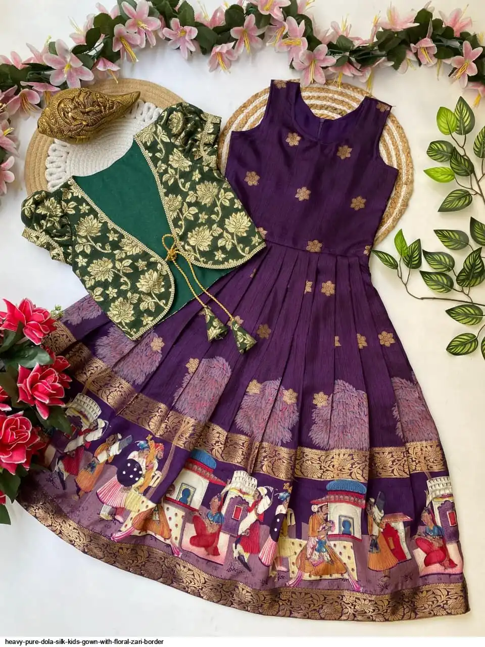 HEAVY PURE DOLA SILK KIDS GOWN WITH FLORAL ZARI BORDER D