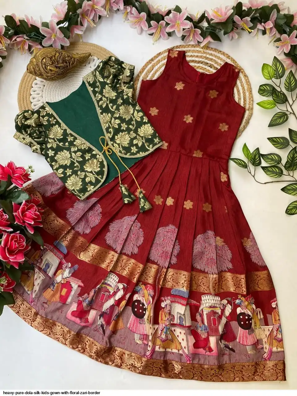 HEAVY PURE DOLA SILK KIDS GOWN WITH FLORAL ZARI BORDER C