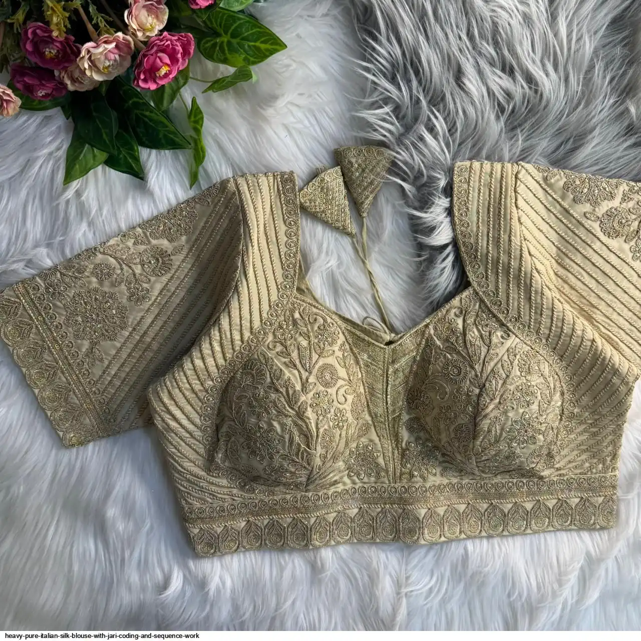 HEAVY PURE ITALIAN SILK BLOUSE WITH JARI CODING AND SEQUENCE WORK E
