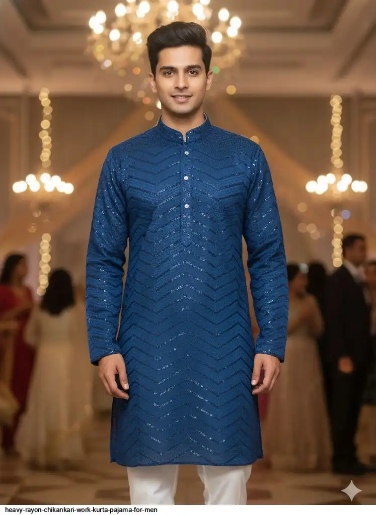 HEAVY RAYON CHIKANKARI WORK KURTA PAJAMA FOR MEN 8