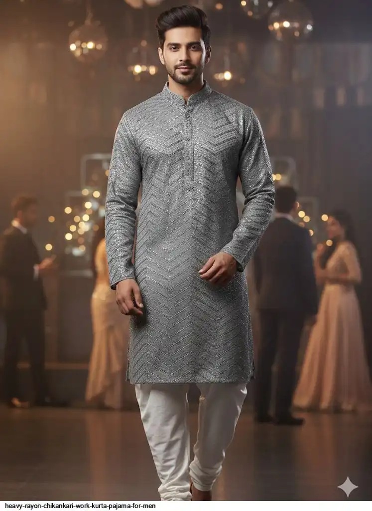 HEAVY RAYON CHIKANKARI WORK KURTA PAJAMA FOR MEN 6