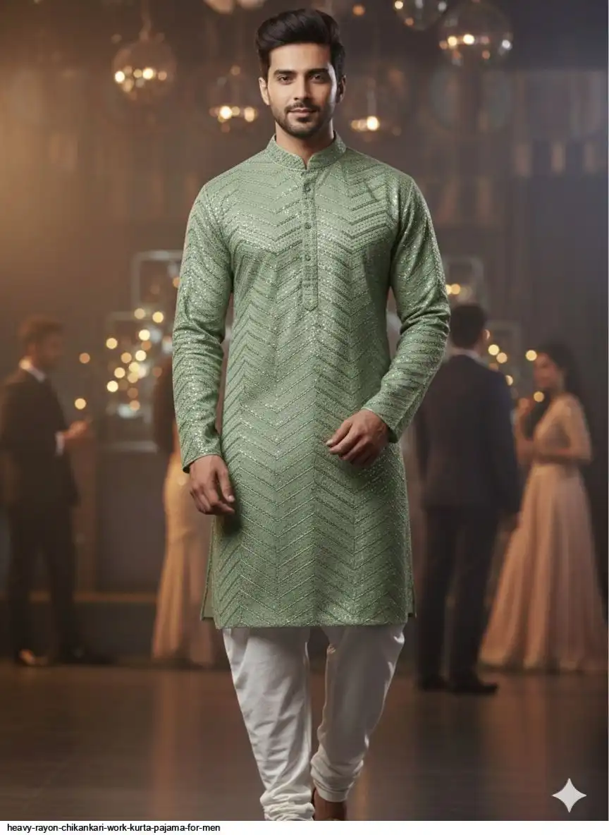 HEAVY RAYON CHIKANKARI WORK KURTA PAJAMA FOR MEN 2
