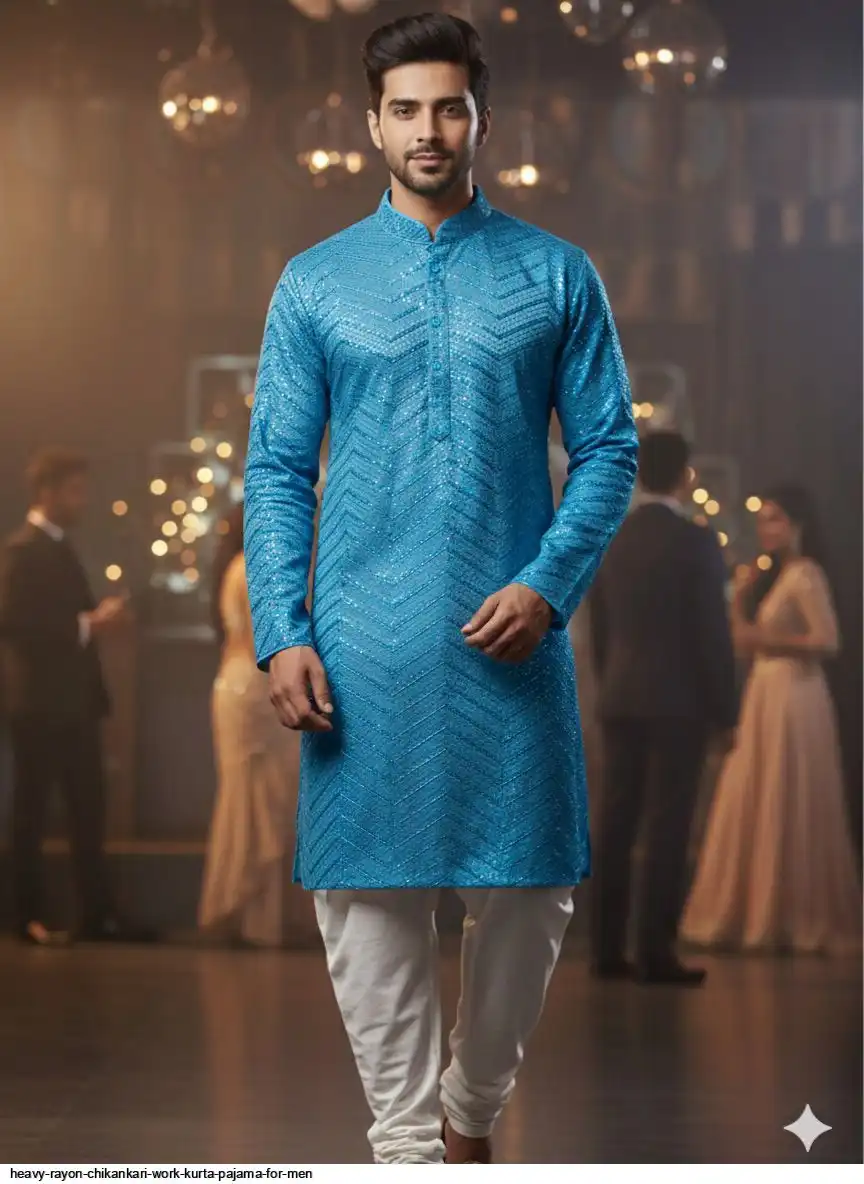 HEAVY RAYON CHIKANKARI WORK KURTA PAJAMA FOR MEN 12