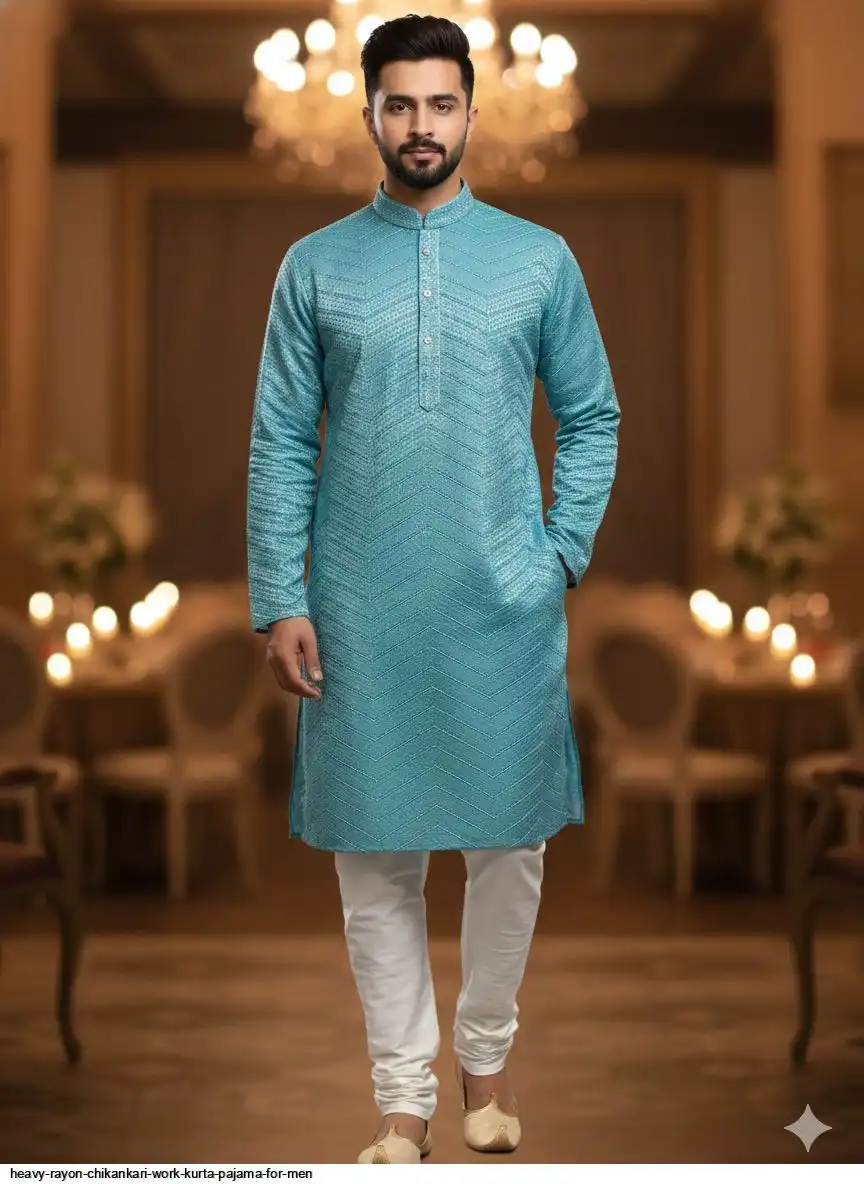 HEAVY RAYON CHIKANKARI WORK KURTA PAJAMA FOR MEN 5