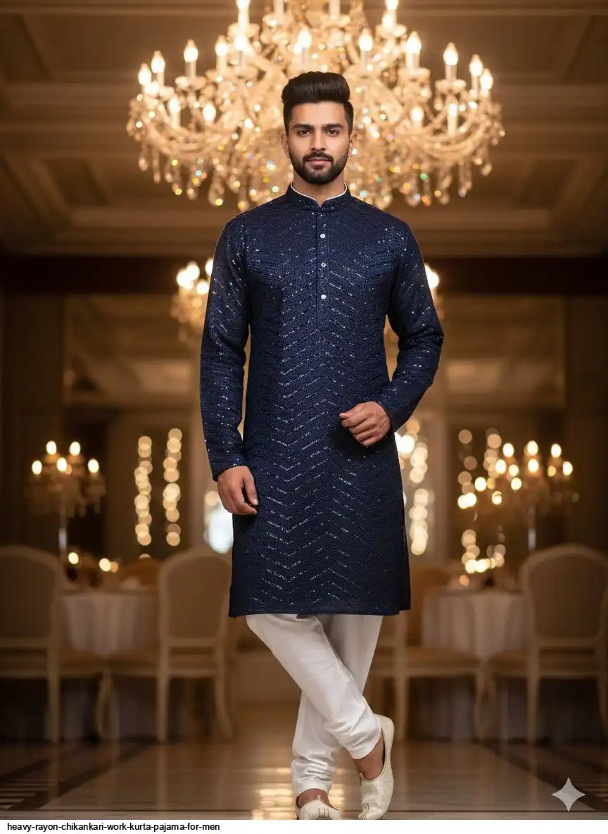 HEAVY RAYON CHIKANKARI WORK KURTA PAJAMA FOR MEN 7
