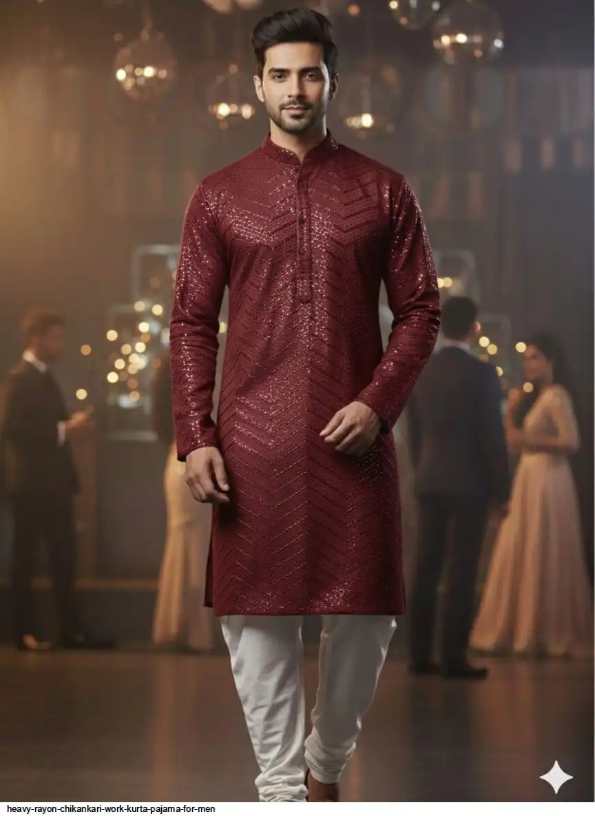 HEAVY RAYON CHIKANKARI WORK KURTA PAJAMA FOR MEN 3