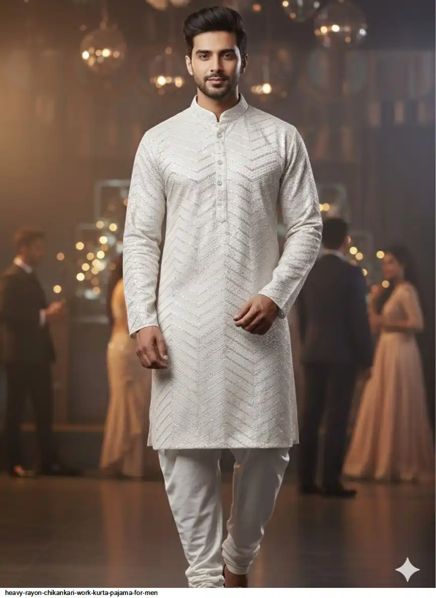 HEAVY RAYON CHIKANKARI WORK KURTA PAJAMA FOR MEN 4