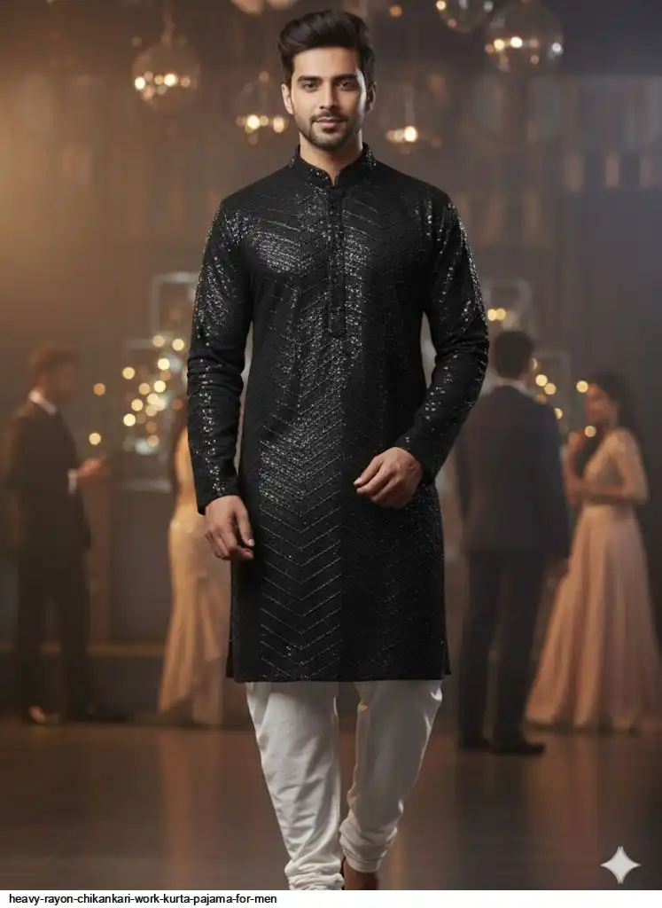 HEAVY RAYON CHIKANKARI WORK KURTA PAJAMA FOR MEN 9