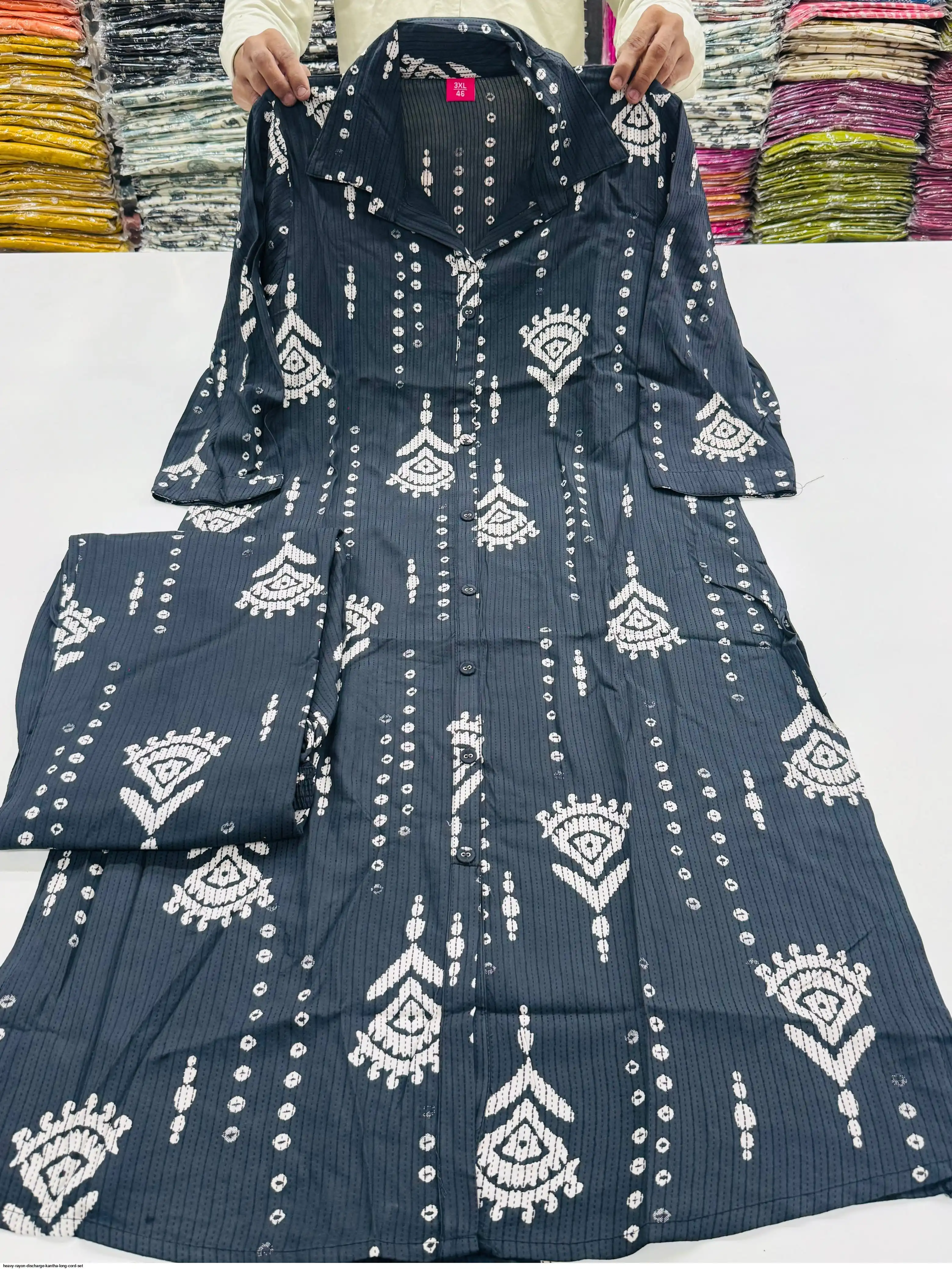HEAVY RAYON DISCHARGE KANTHA LONG CORD SET 15