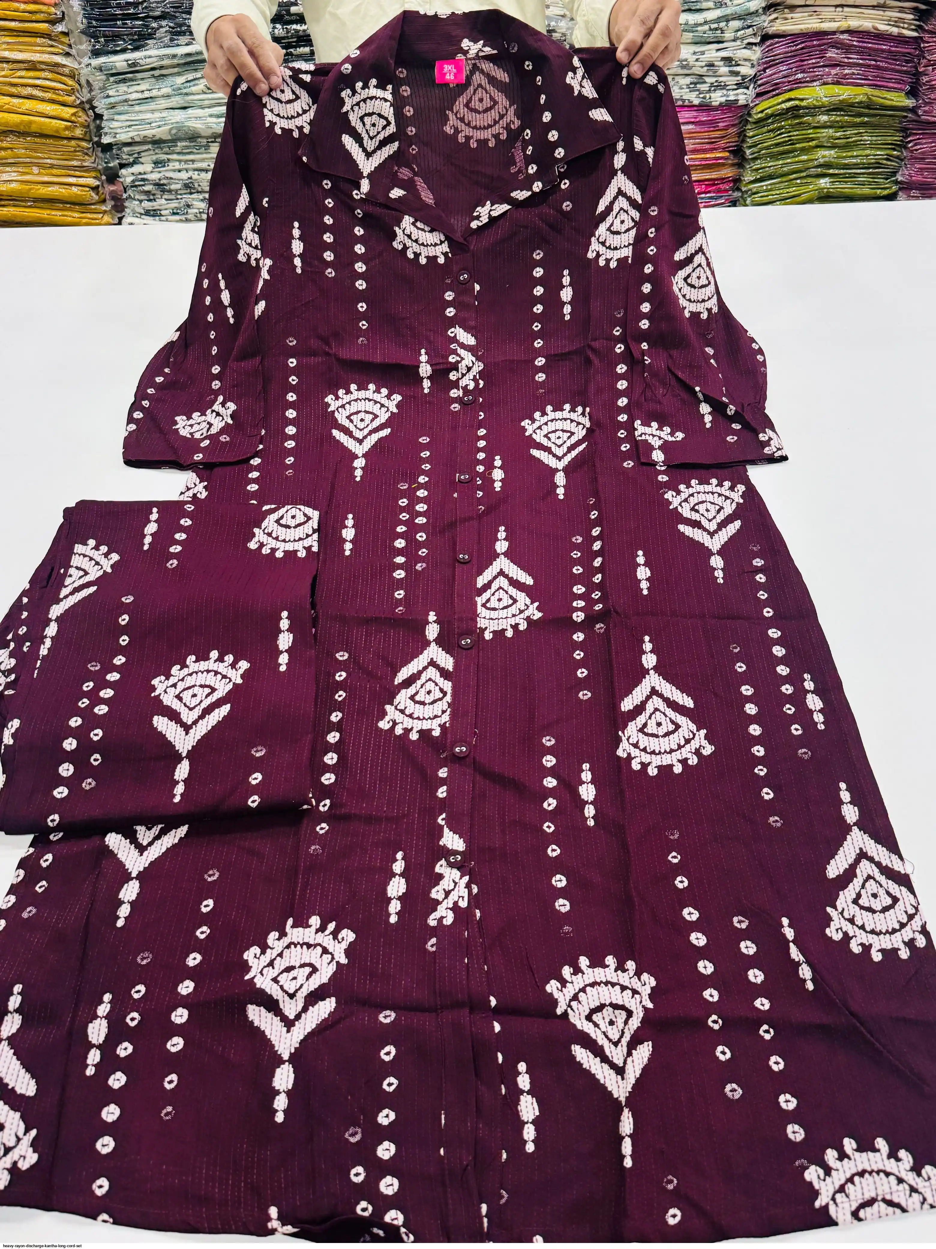 HEAVY RAYON DISCHARGE KANTHA LONG CORD SET 16