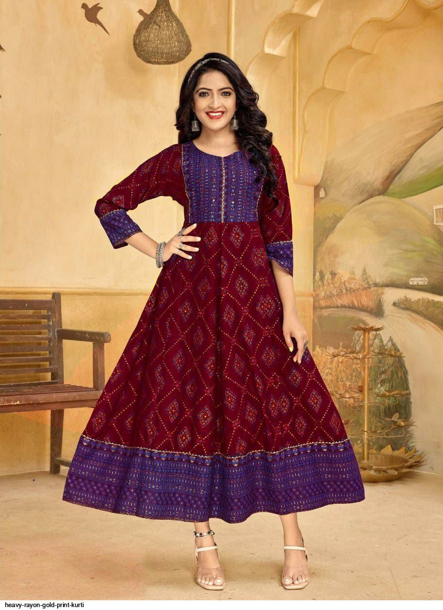 Heavy rayon gold print kurti