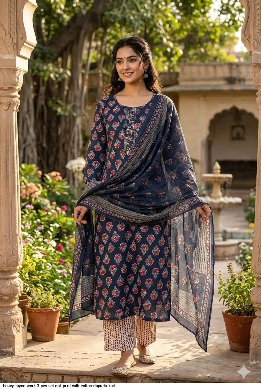 HEAVY RAYON WORK 3 PCS SET MILL PRINT WITH COTTON DUPATTA KURTI 3