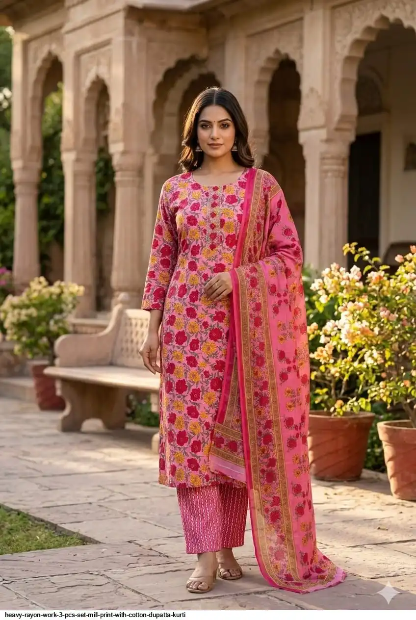 HEAVY RAYON WORK 3 PCS SET MILL PRINT WITH COTTON DUPATTA KURTI 2