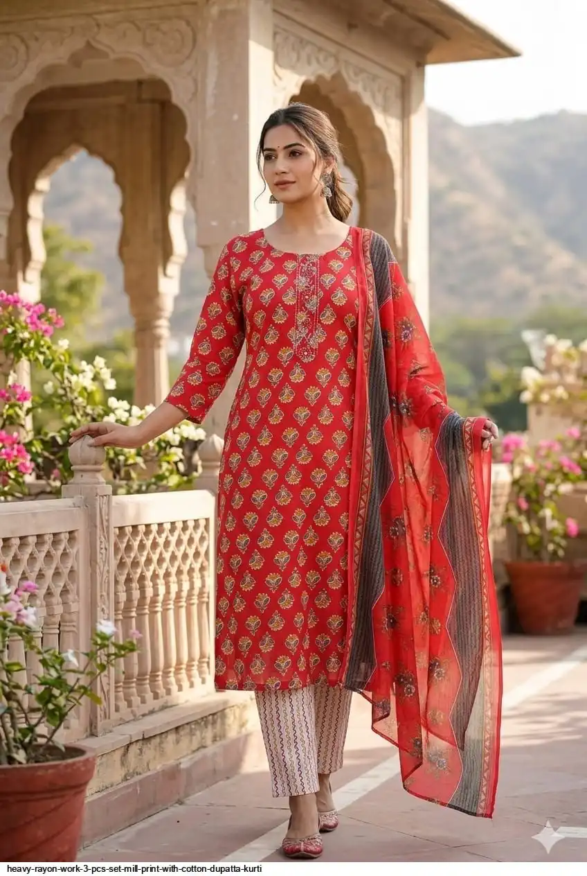 HEAVY RAYON WORK 3 PCS SET MILL PRINT WITH COTTON DUPATTA KURTI 5