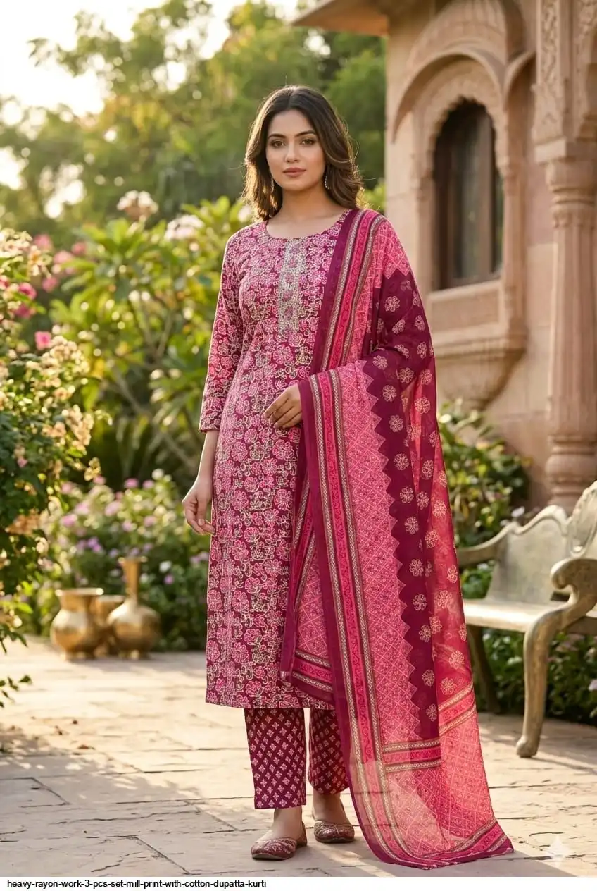 HEAVY RAYON WORK 3 PCS SET MILL PRINT WITH COTTON DUPATTA KURTI 4