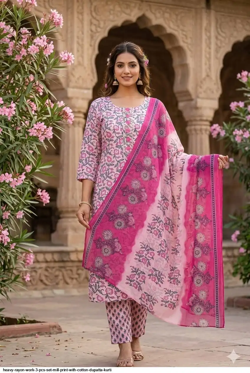 HEAVY RAYON WORK 3 PCS SET MILL PRINT WITH COTTON DUPATTA KURTI 6