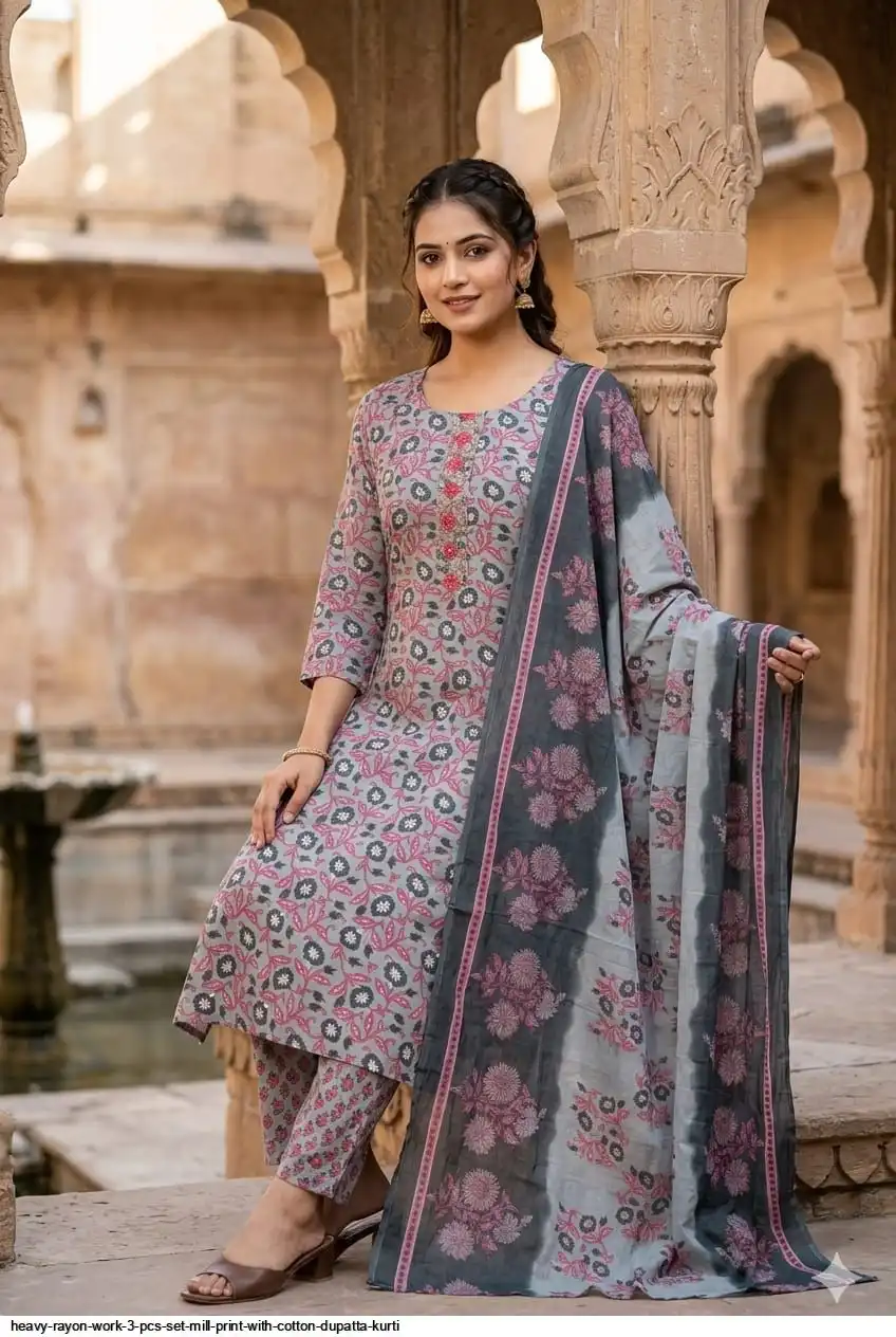 HEAVY RAYON WORK 3 PCS SET MILL PRINT WITH COTTON DUPATTA KURTI 7