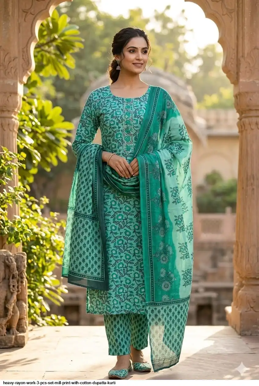 HEAVY RAYON WORK 3 PCS SET MILL PRINT WITH COTTON DUPATTA KURTI 9