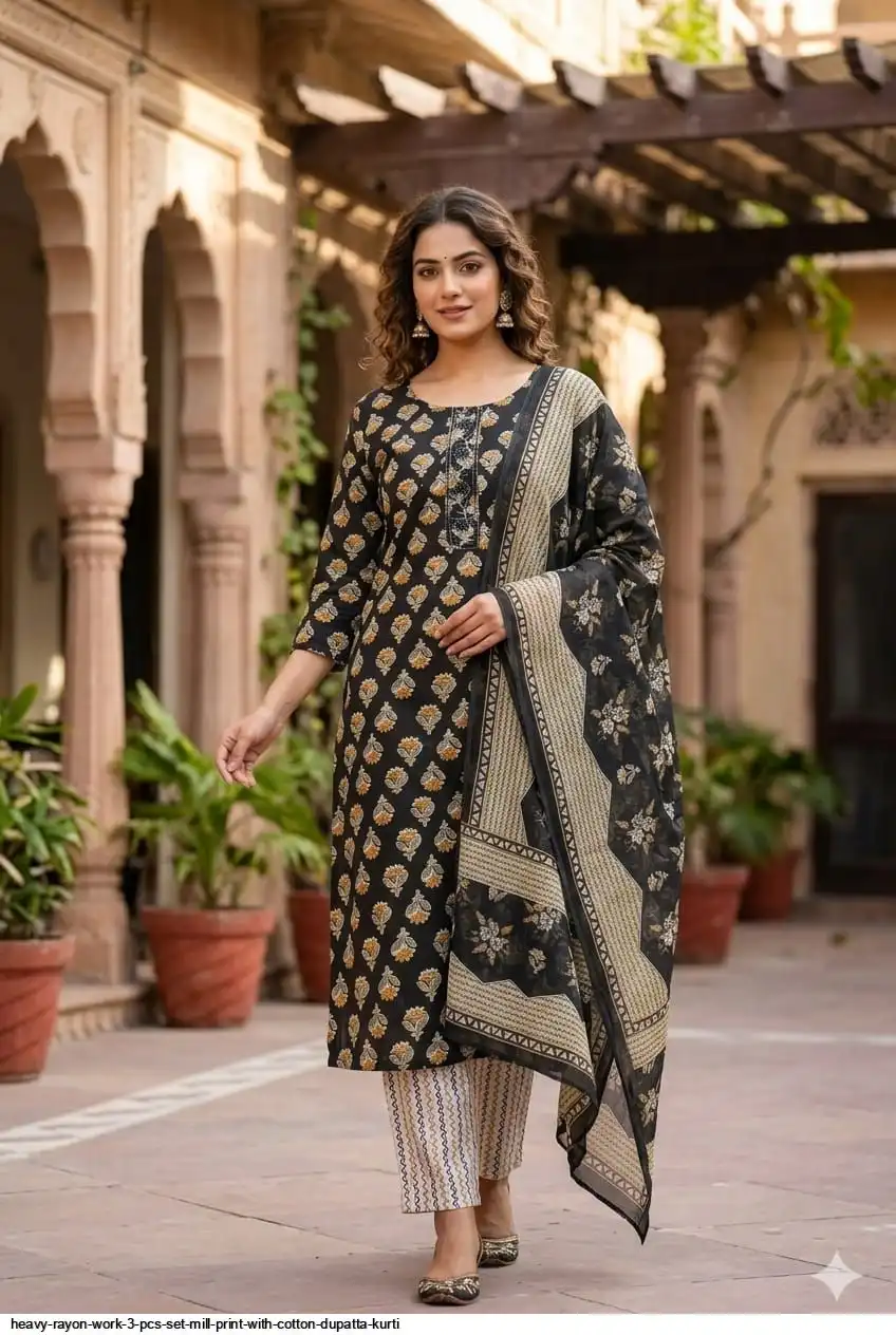 HEAVY RAYON WORK 3 PCS SET MILL PRINT WITH COTTON DUPATTA KURTI 10
