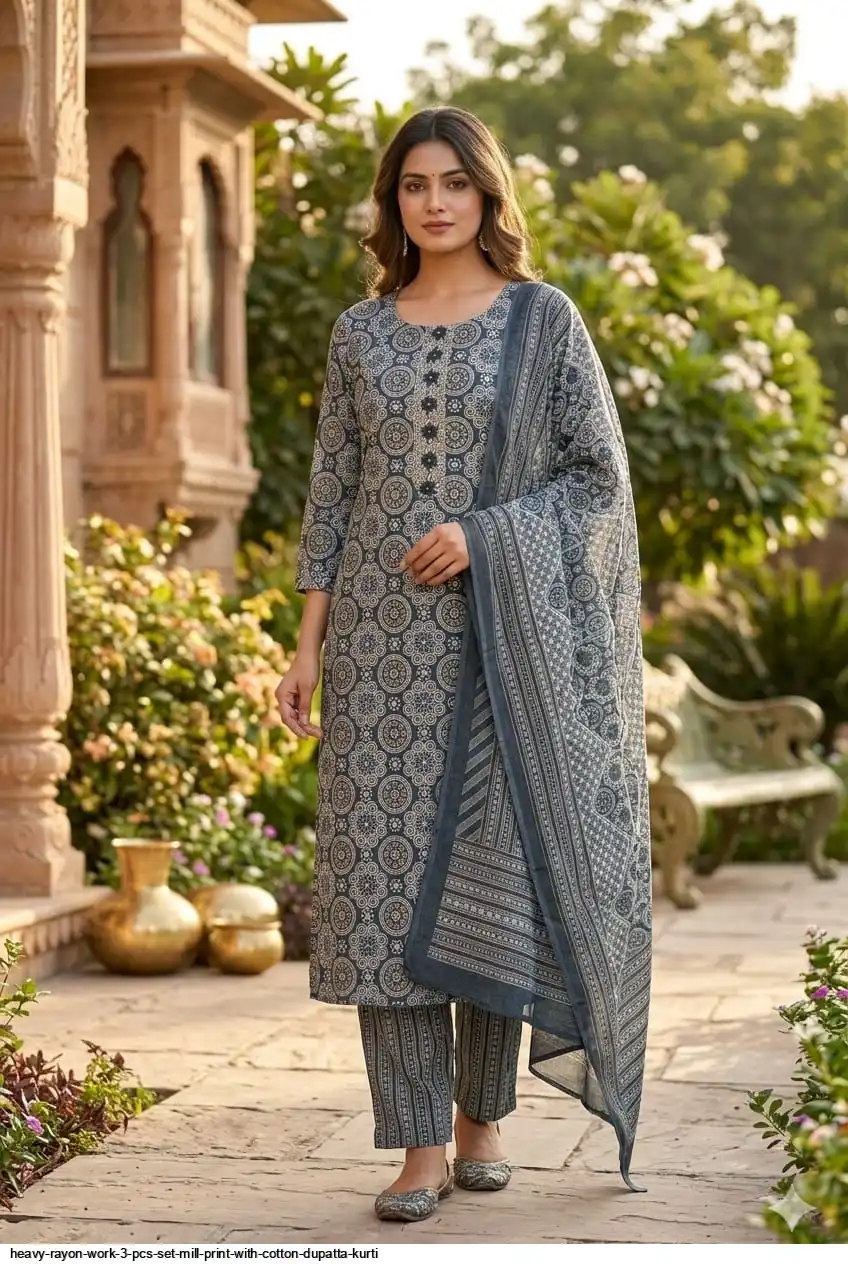 HEAVY RAYON WORK 3 PCS SET MILL PRINT WITH COTTON DUPATTA KURTI 8